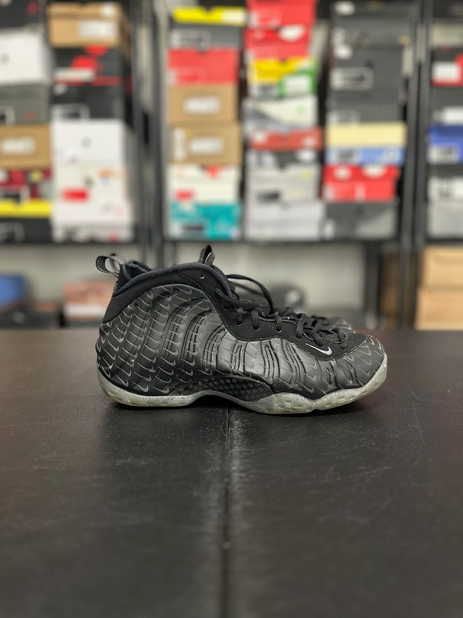 Size 8 - Foamposite All Over Swoosh Black