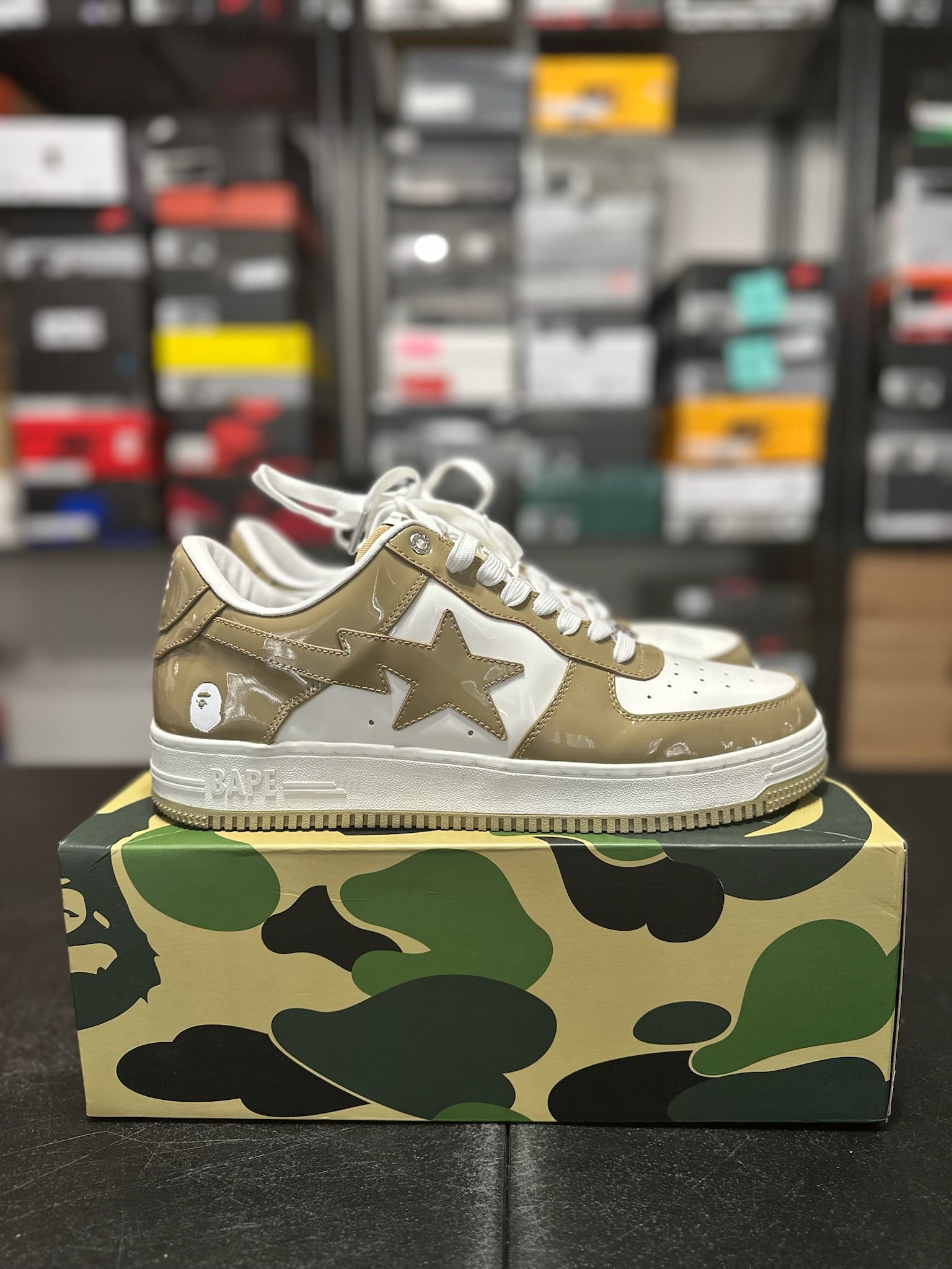 Size 13 - A Bathing Ape Bape Sta Patent Leather White Khaki