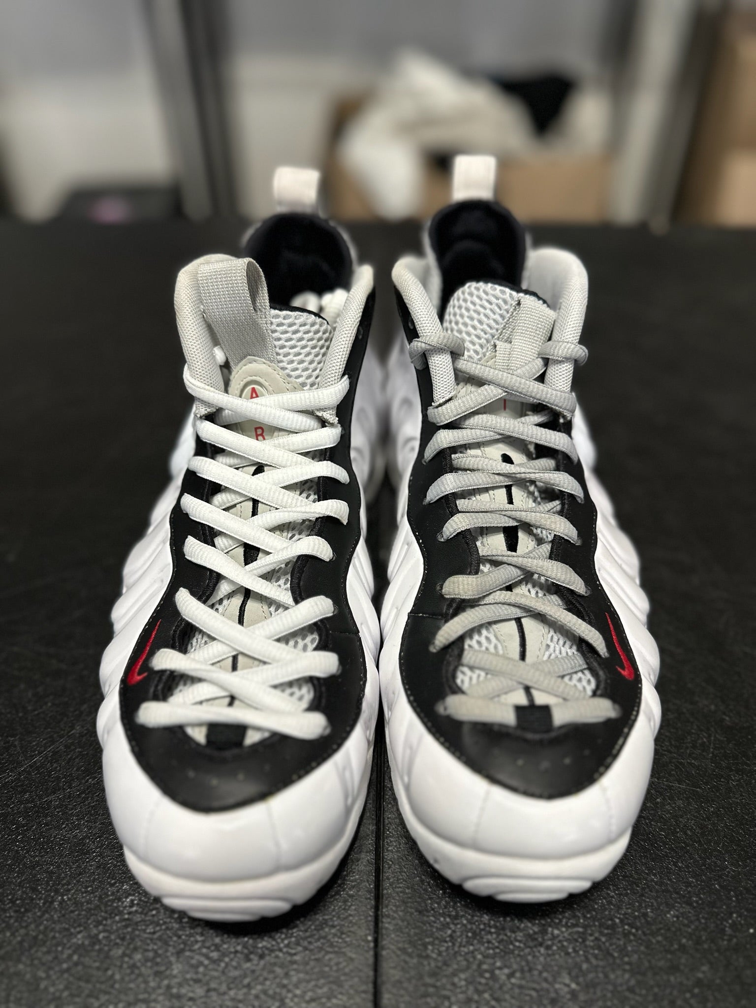 Size 9.5 - Foamposite Pro White Black University Red