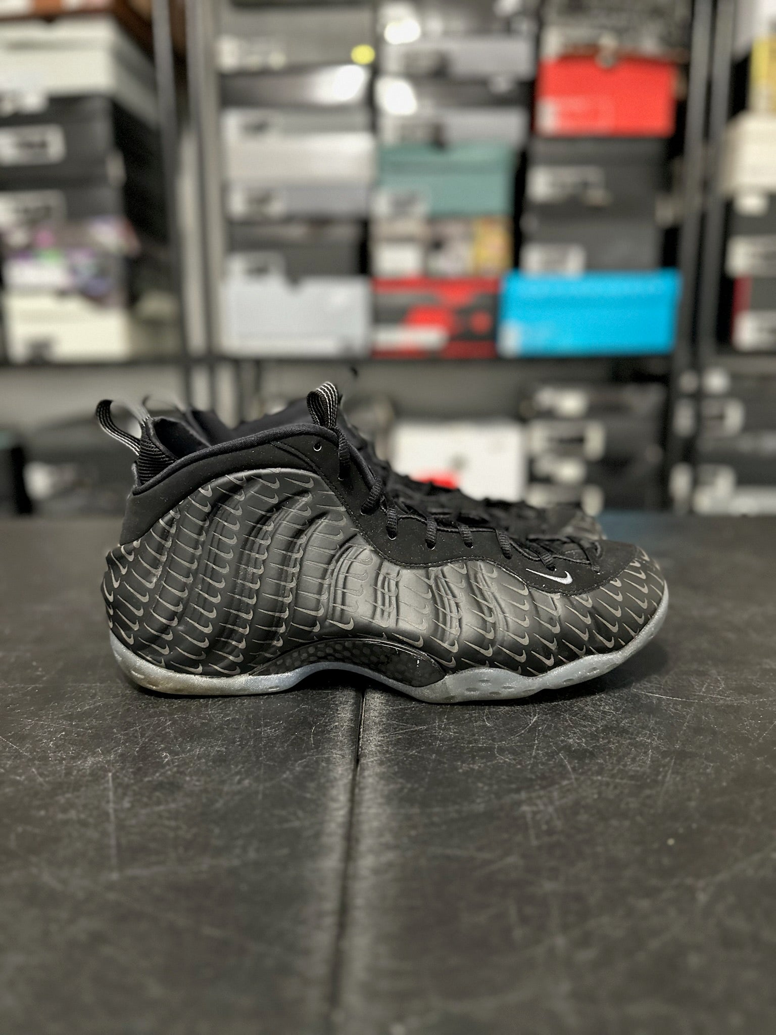 Size 13 - Foamposite 1 All Over Swoosh Black