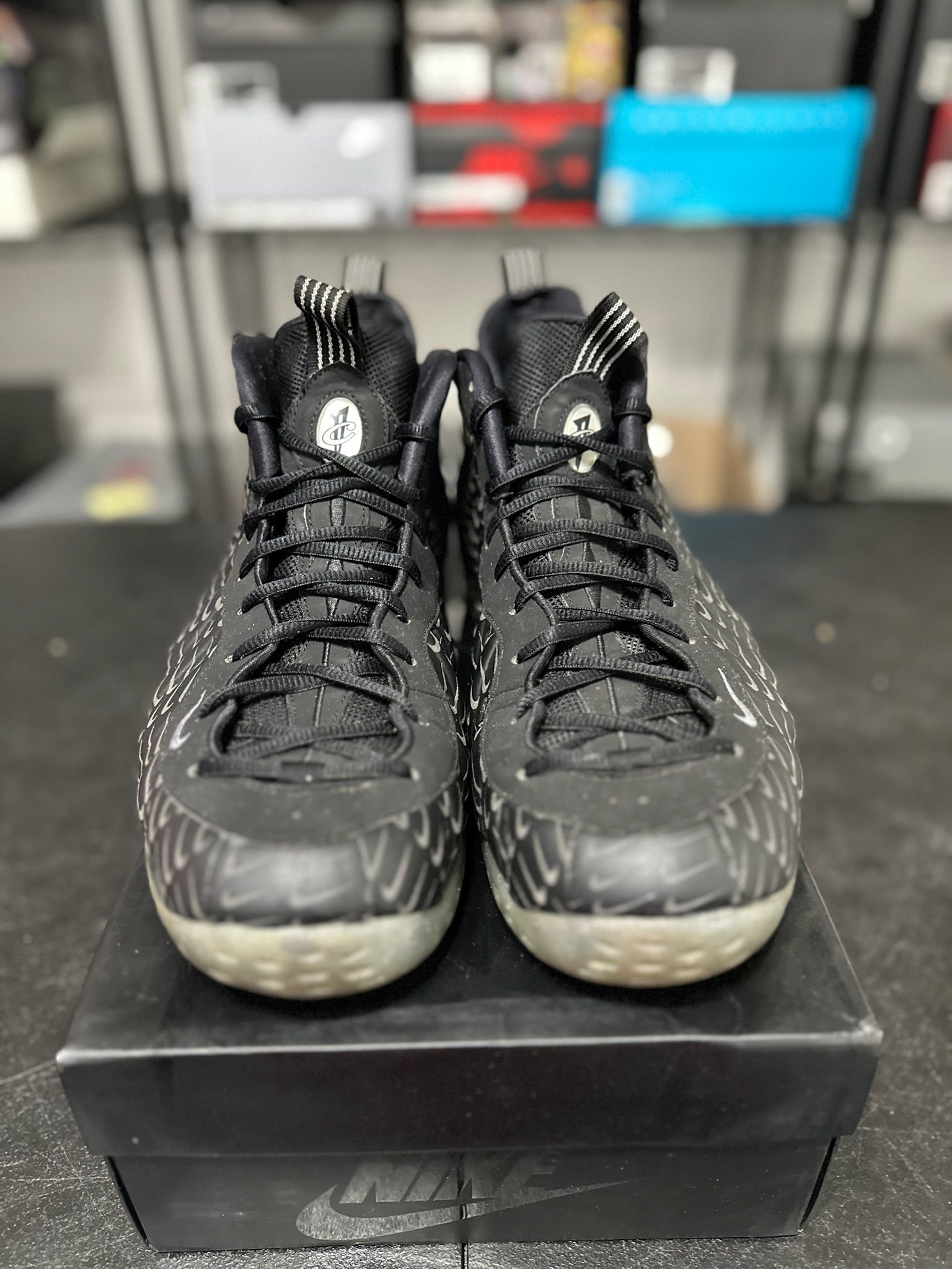 Size 13 - Foamposite 1 All Over Swoosh Black