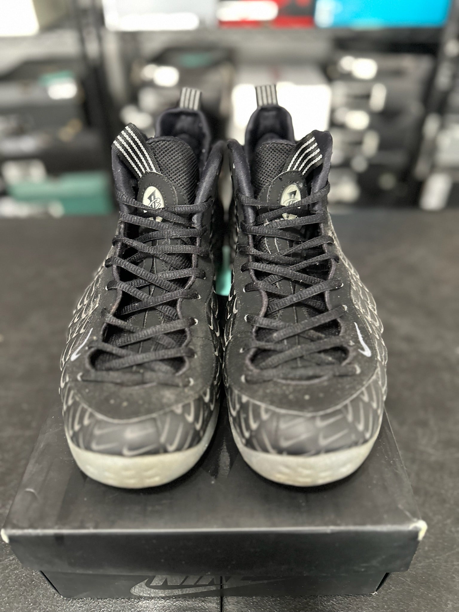 Size 10.5 - Foamposite 1 All Over Swoosh Black