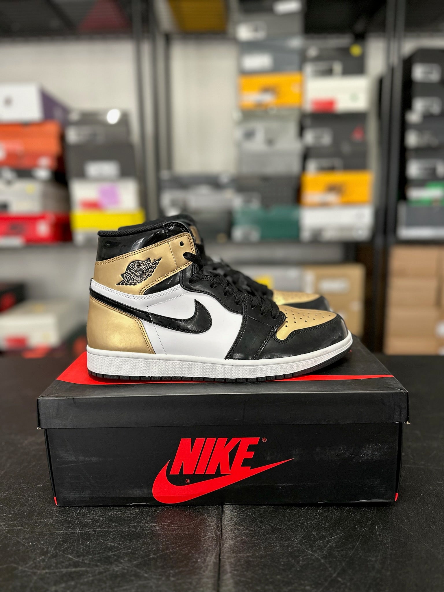 Size 10.5 - J1 High Patent Gold Toe