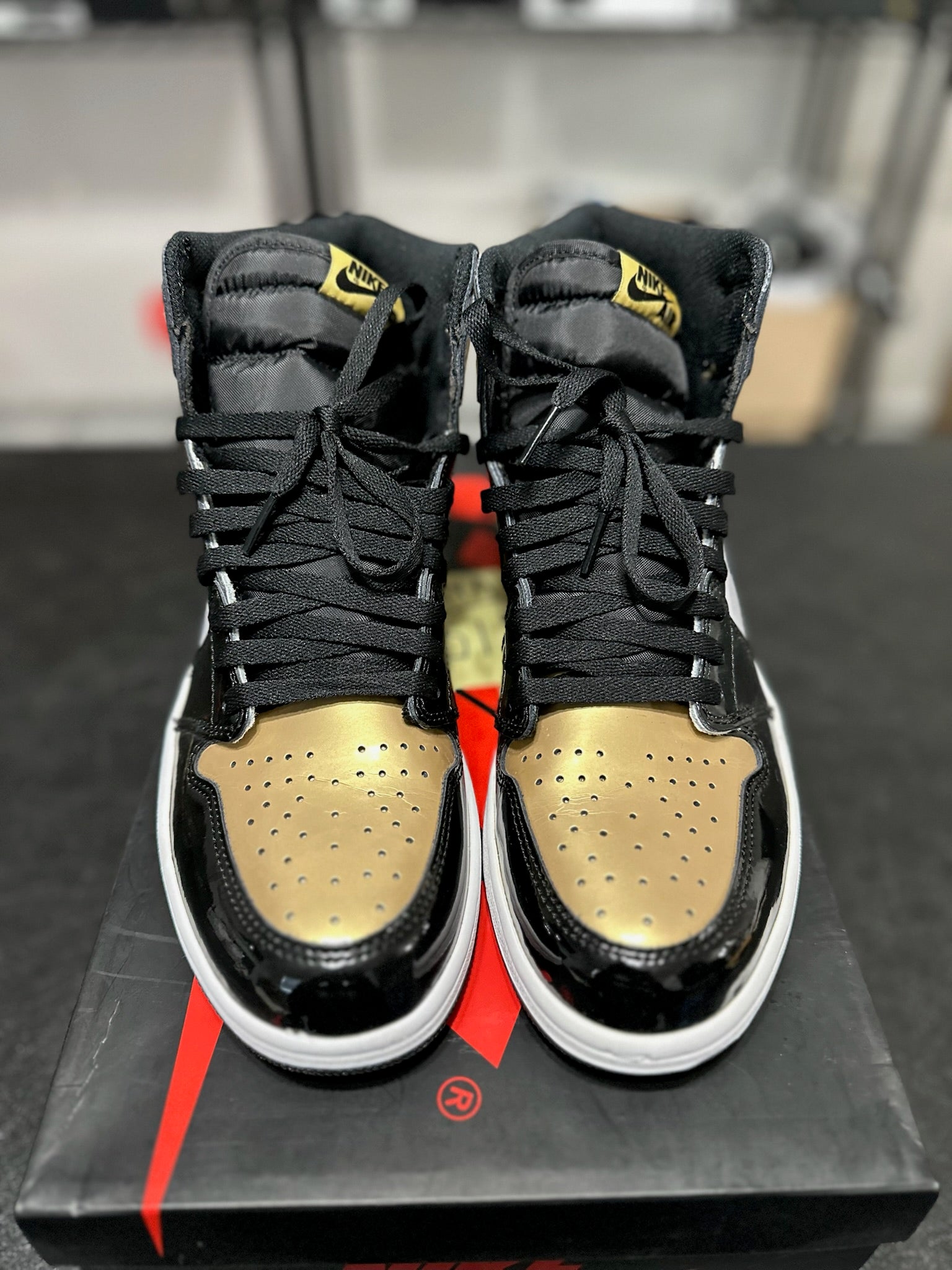 Size 10.5 - J1 High Patent Gold Toe