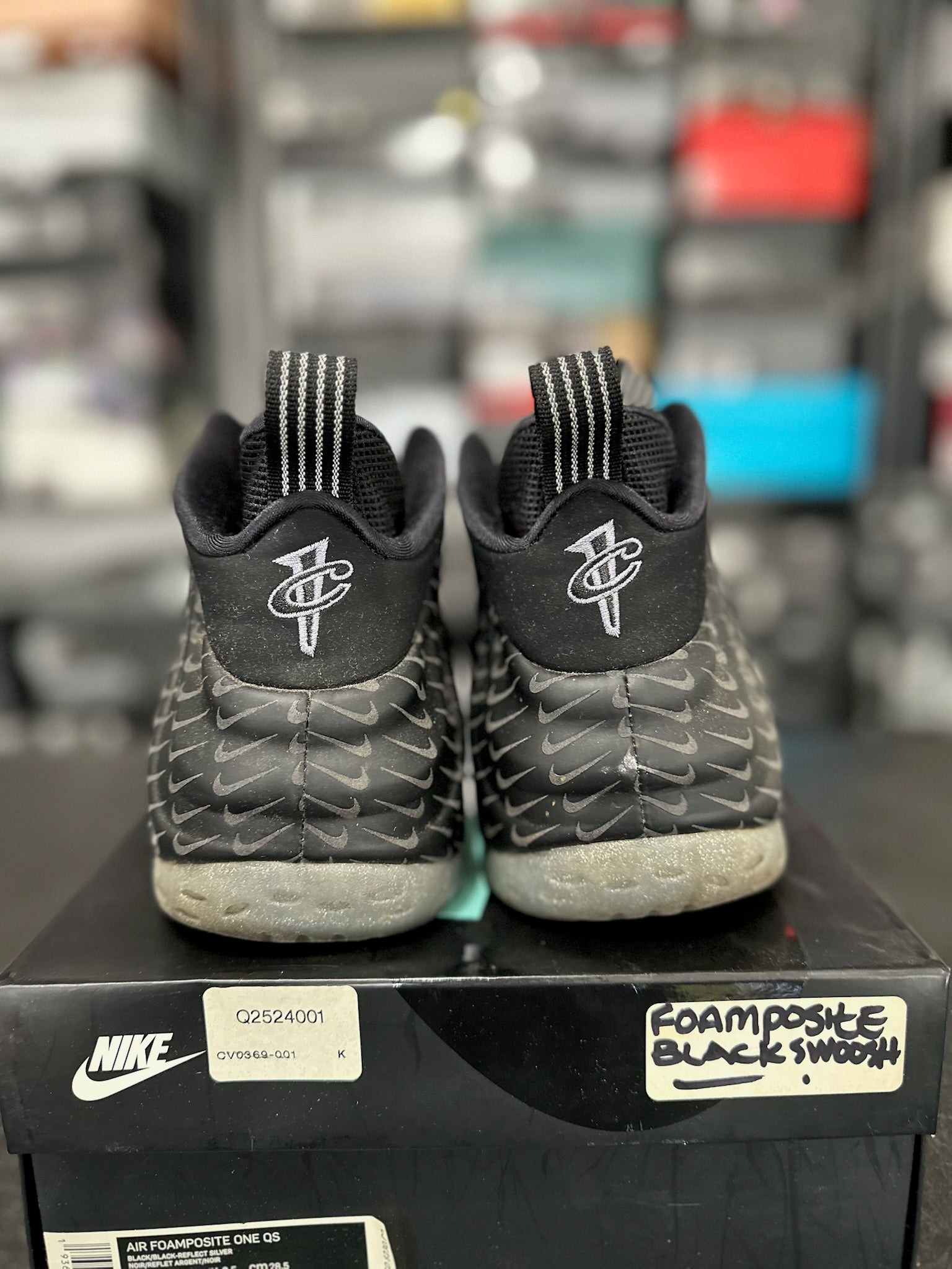 Size 10.5 - Foamposite 1 All Over Swoosh Black