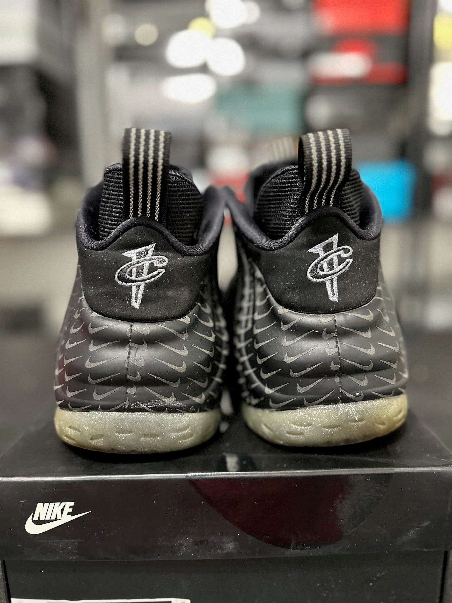 Size 13 - Foamposite 1 All Over Swoosh Black