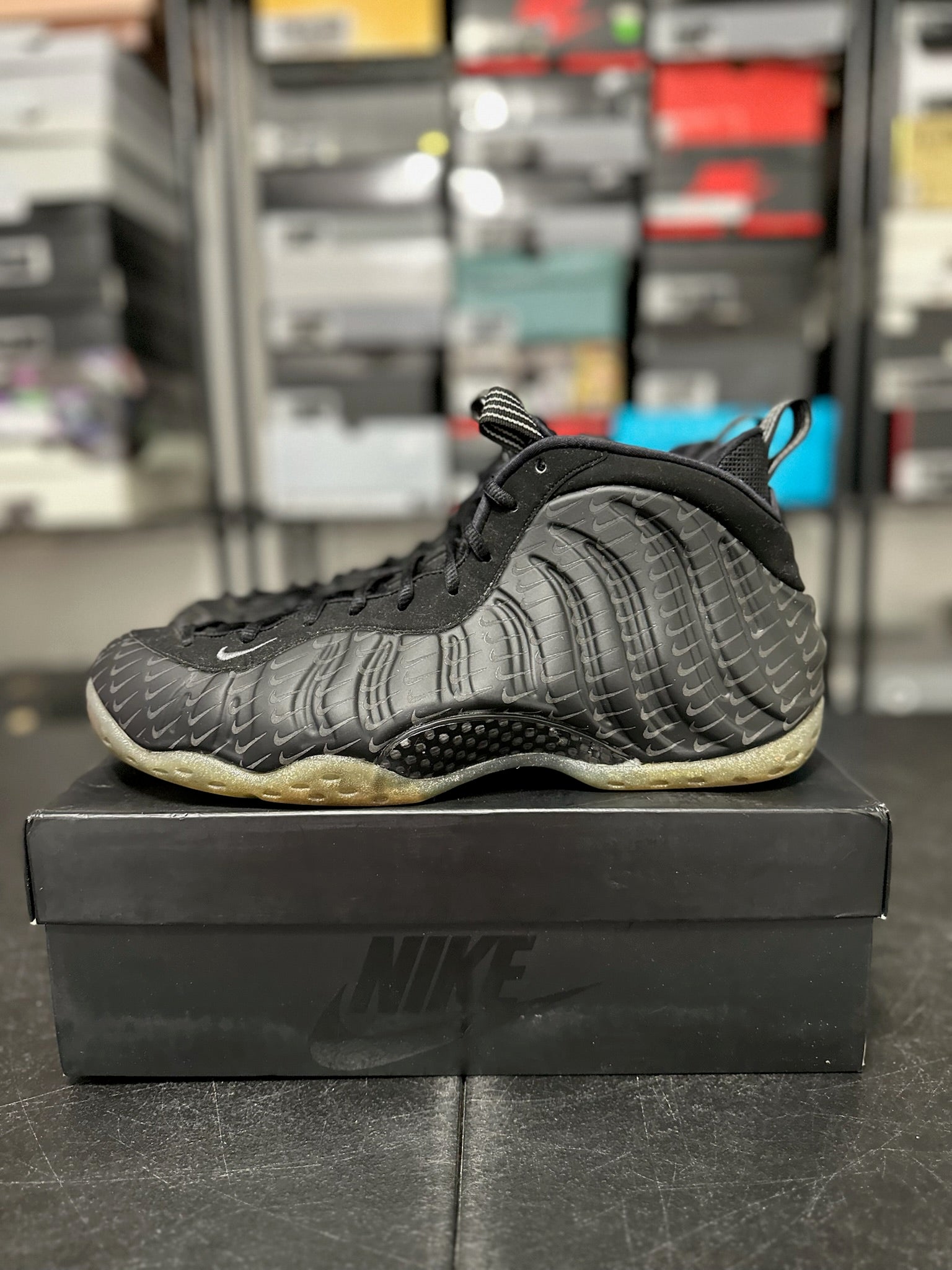 Size 13 - Foamposite 1 All Over Swoosh Black