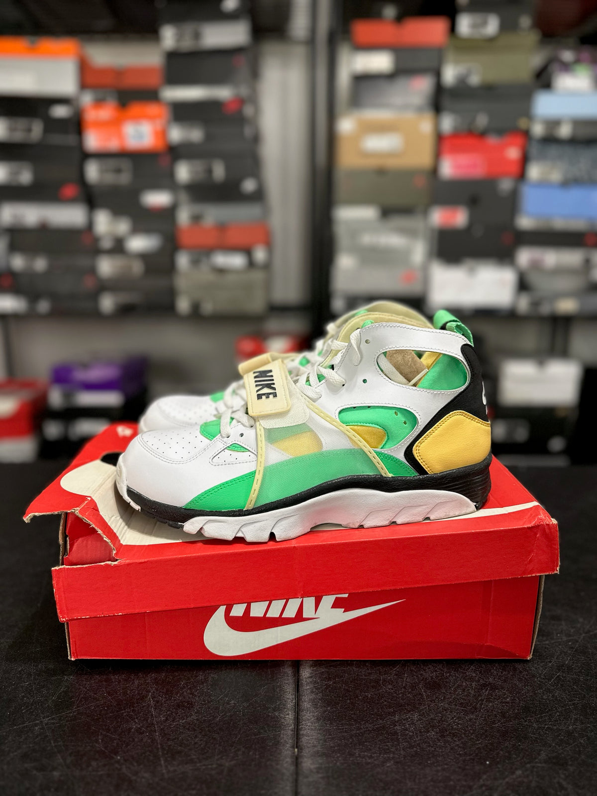 Size 13 - air trainer huarache white topaz gold electro green