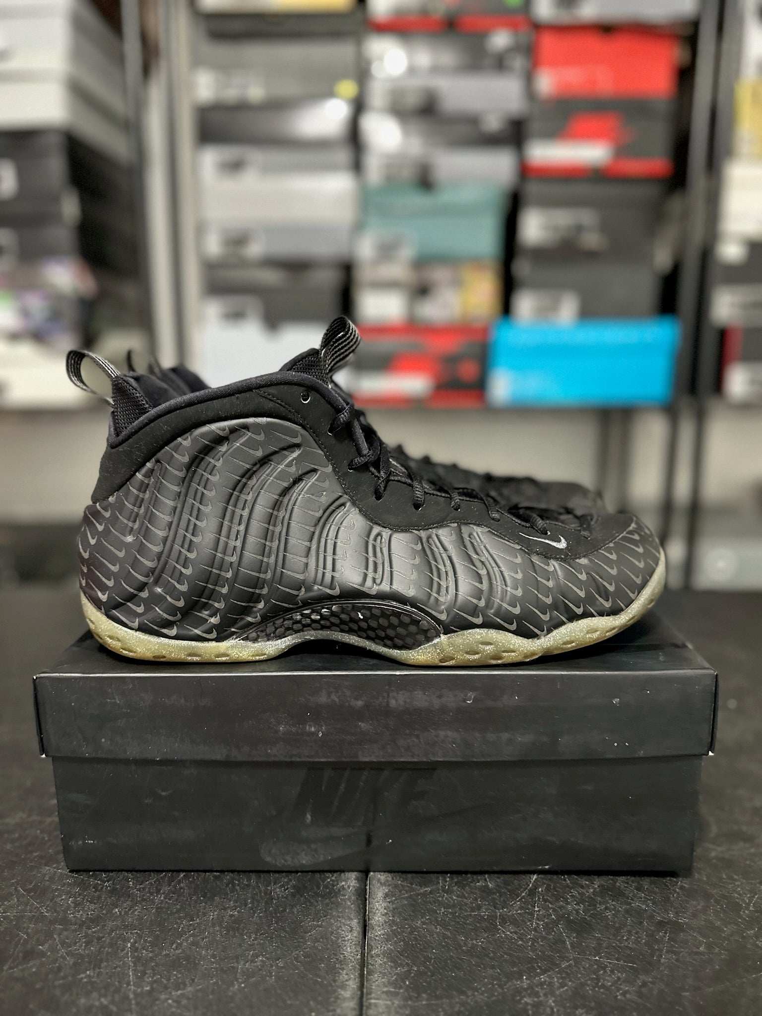 Size 13 - Foamposite 1 All Over Swoosh Black