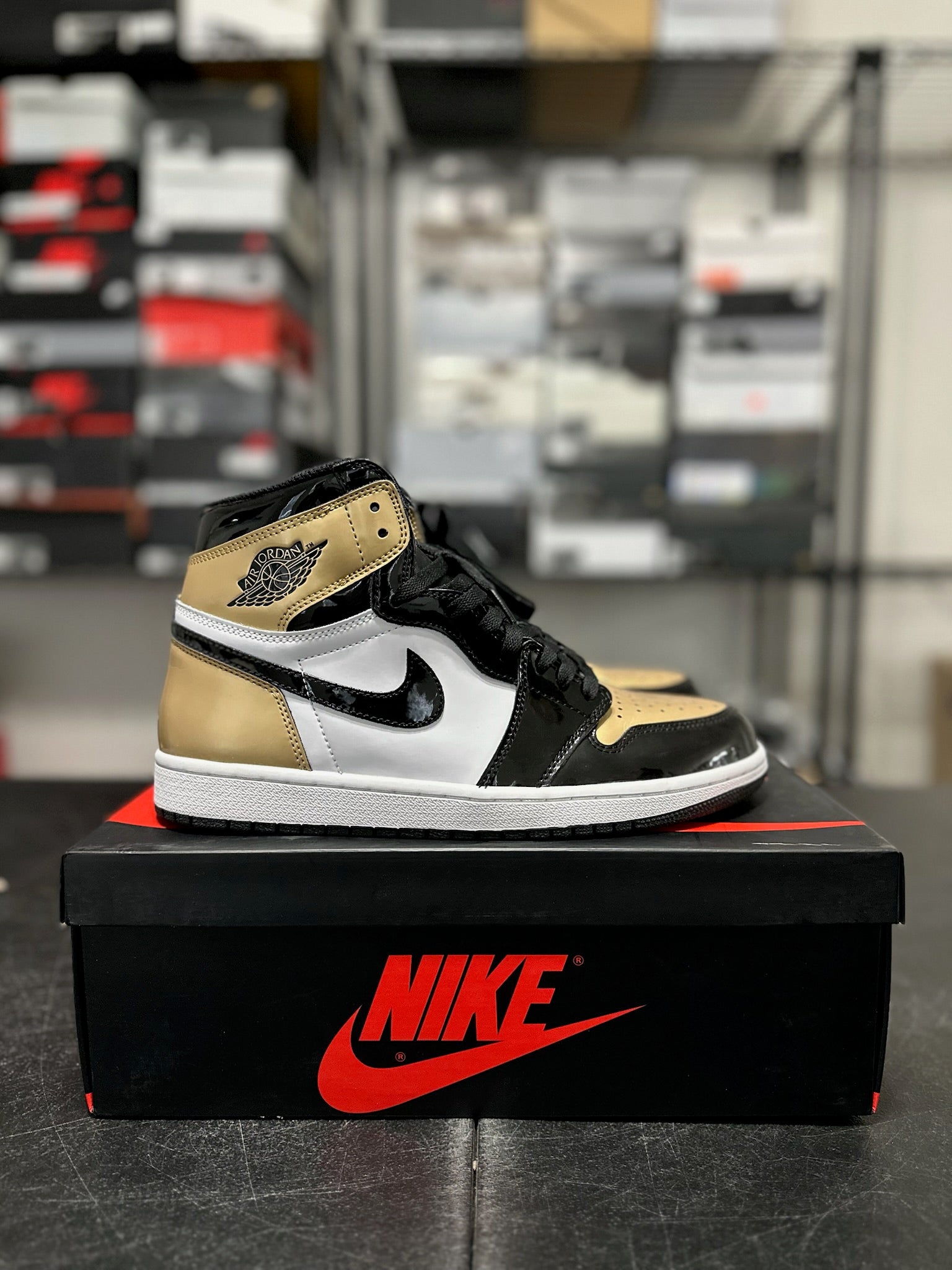 Size 10.5 - J1 High Patent Gold Toe