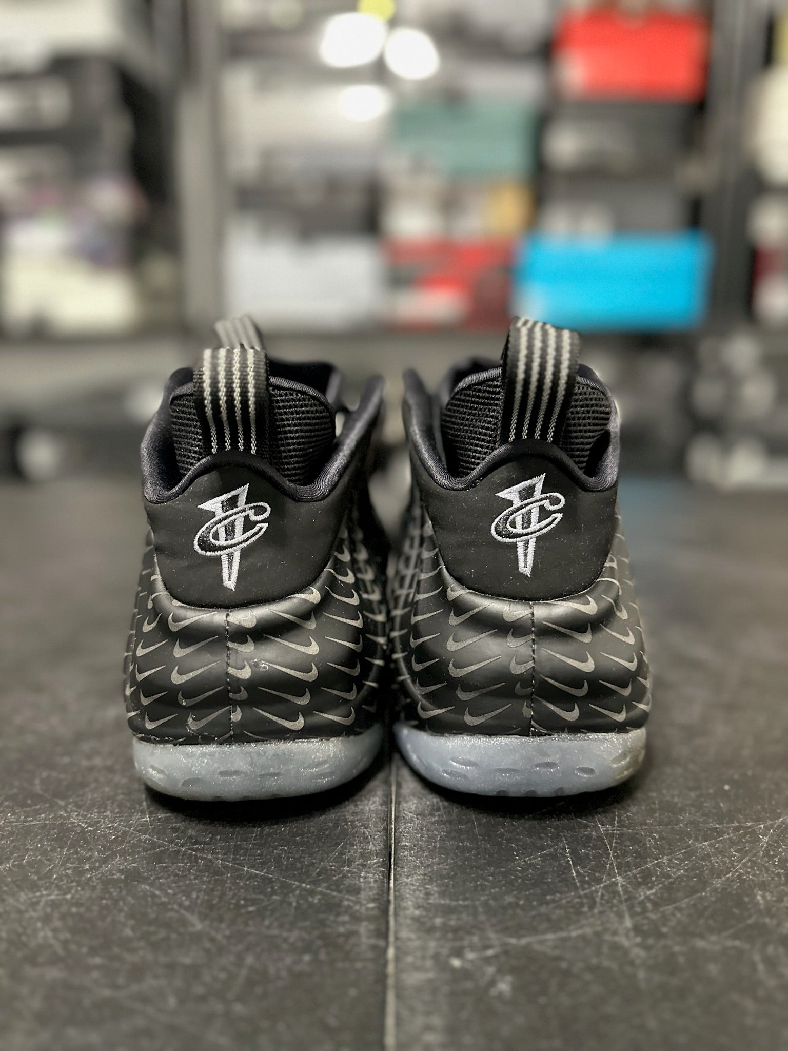 Size 13 - Foamposite 1 All Over Swoosh Black