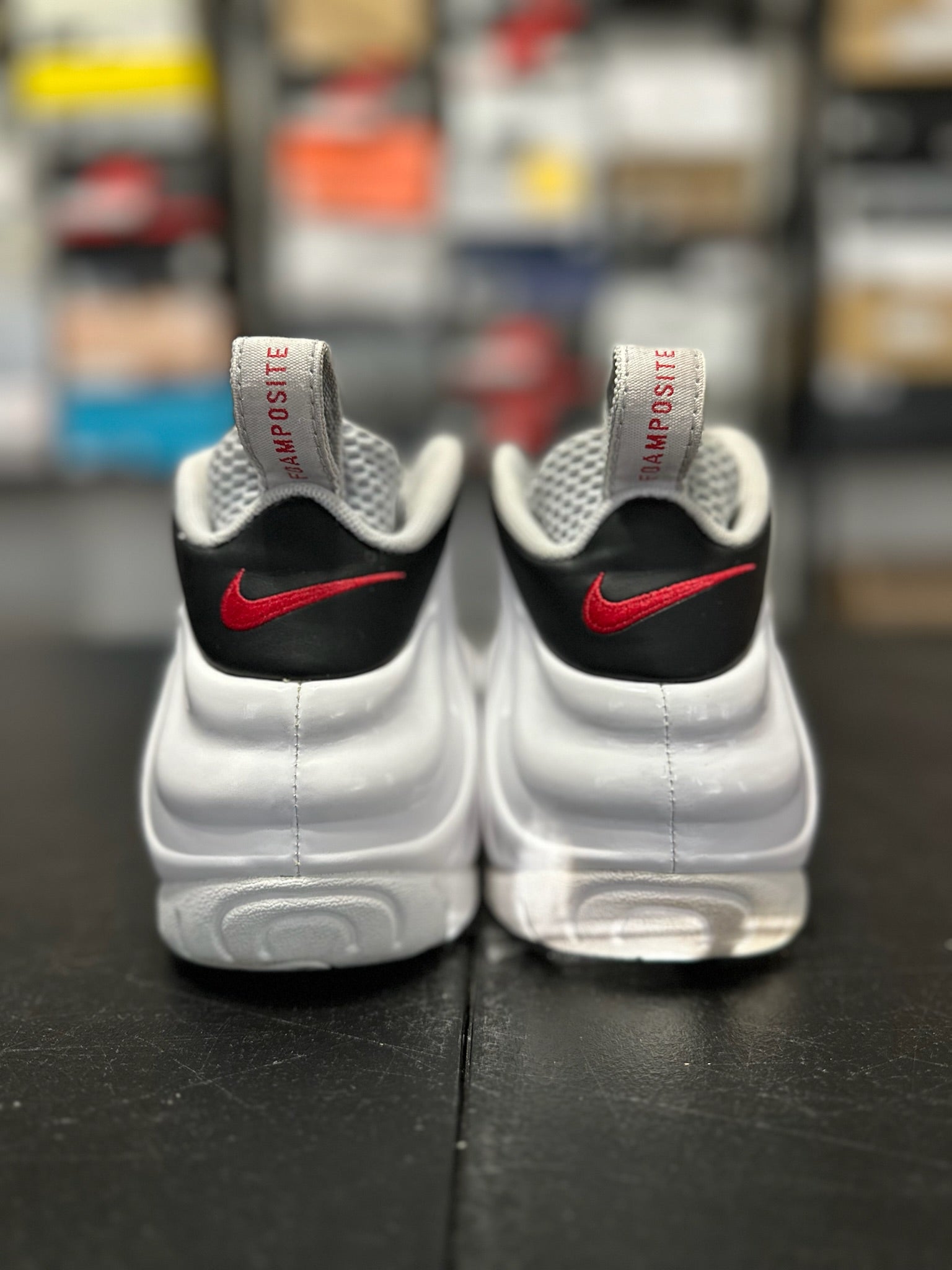 Size 9.5 - Foamposite Pro White Black University Red