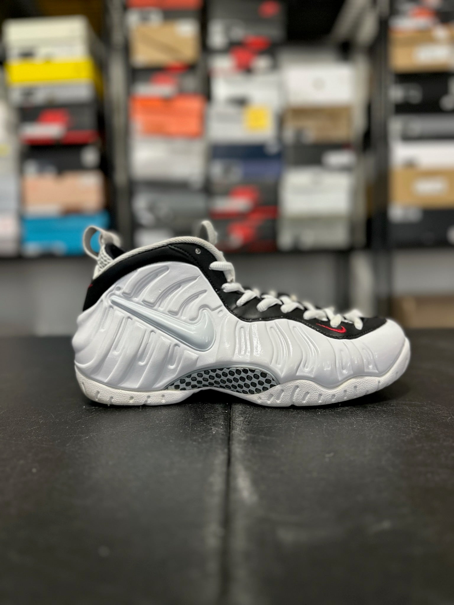 Size 9.5 - Foamposite Pro White Black University Red