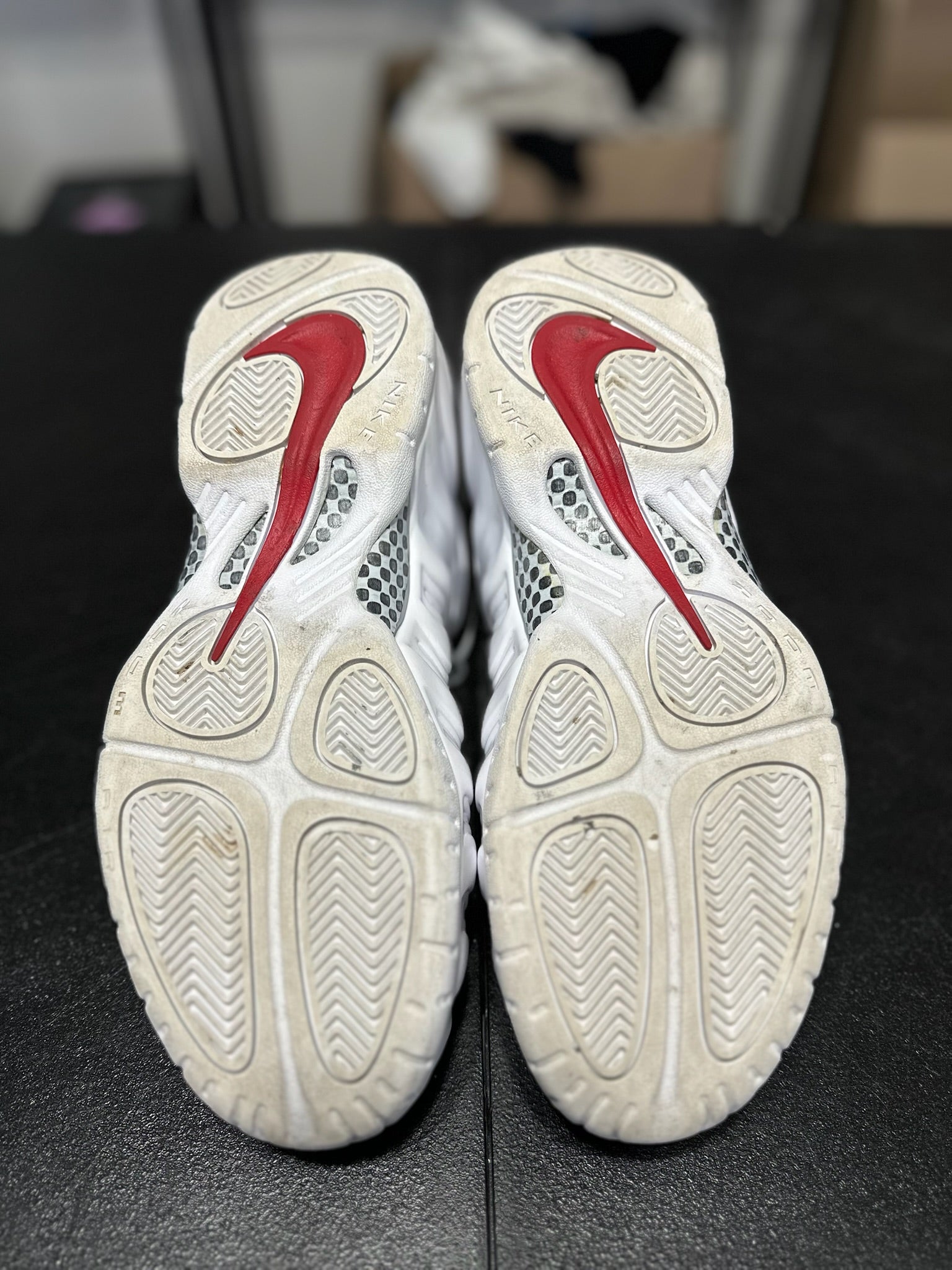 Size 9.5 - Foamposite Pro White Black University Red