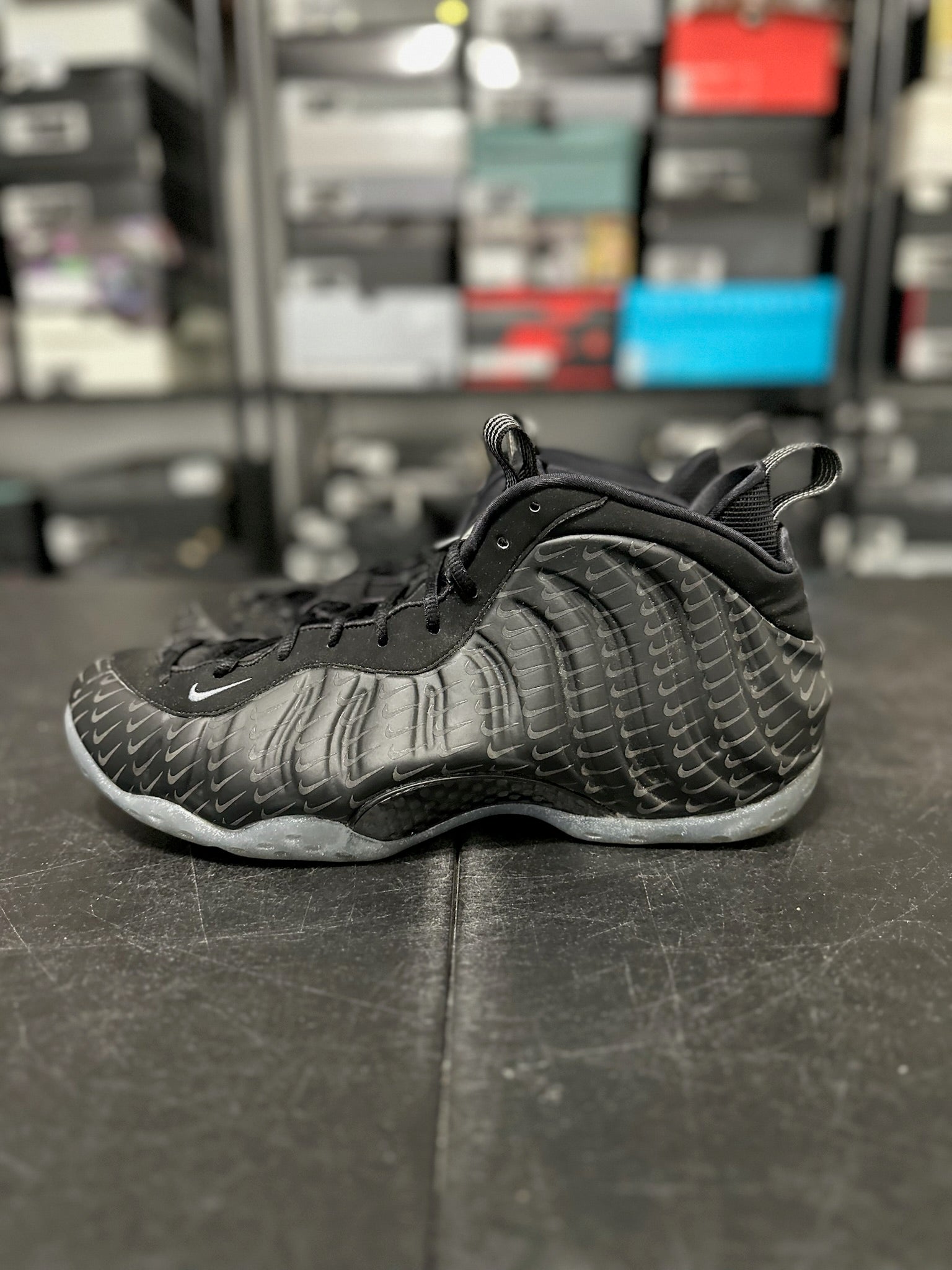 Size 13 - Foamposite 1 All Over Swoosh Black