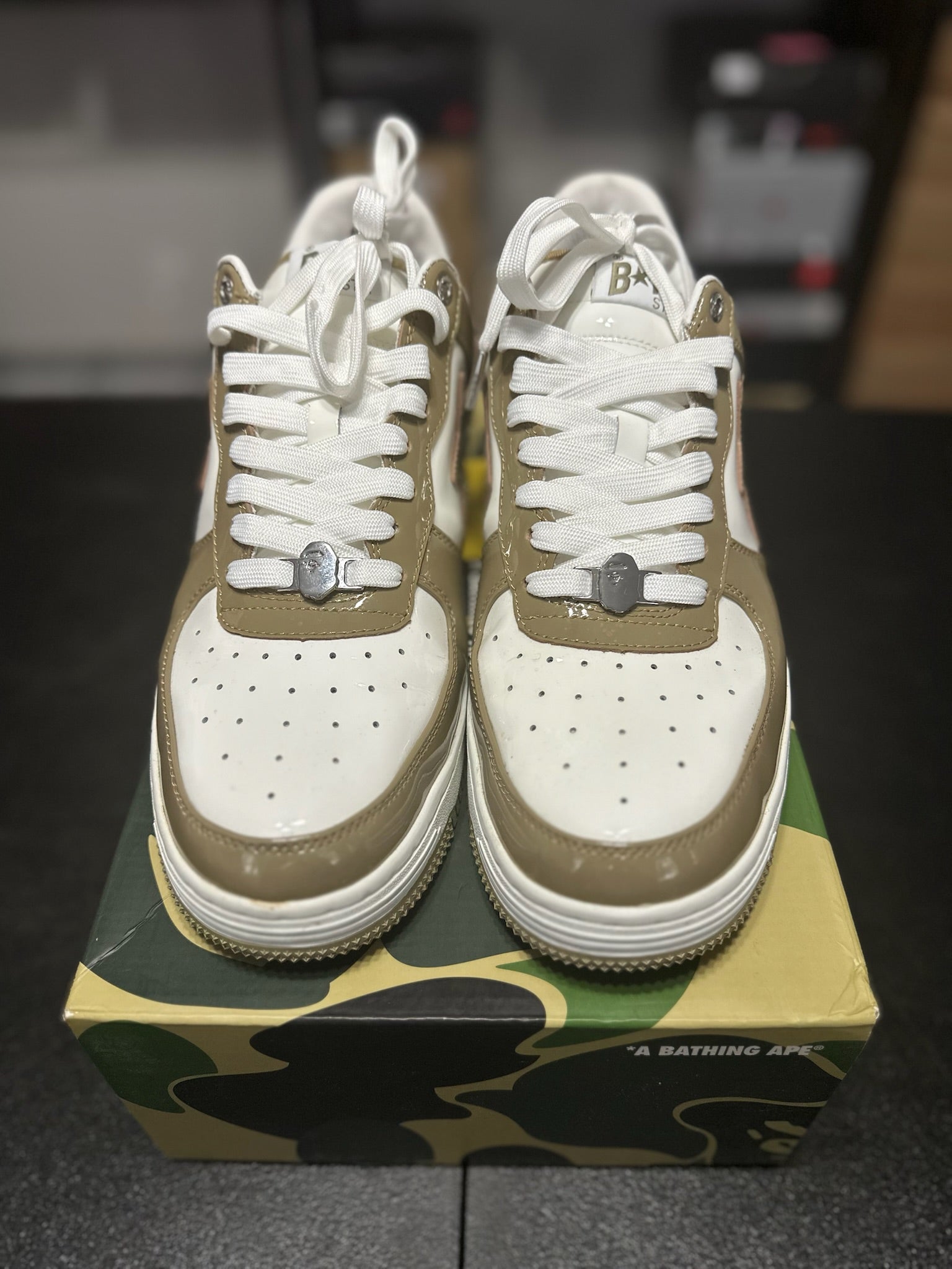 Size 13 - A Bathing Ape Bape Sta Patent Leather White Khaki