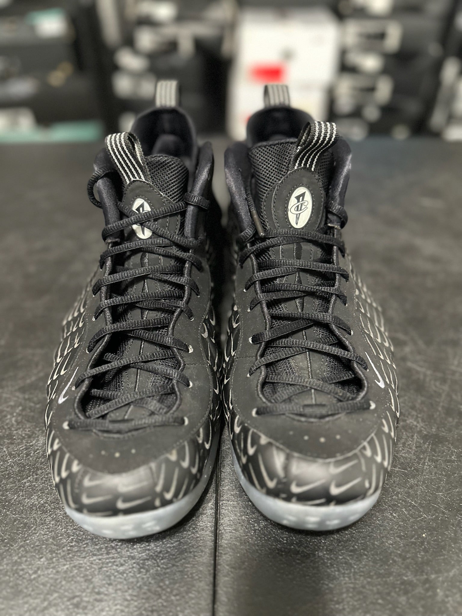 Size 13 - Foamposite 1 All Over Swoosh Black