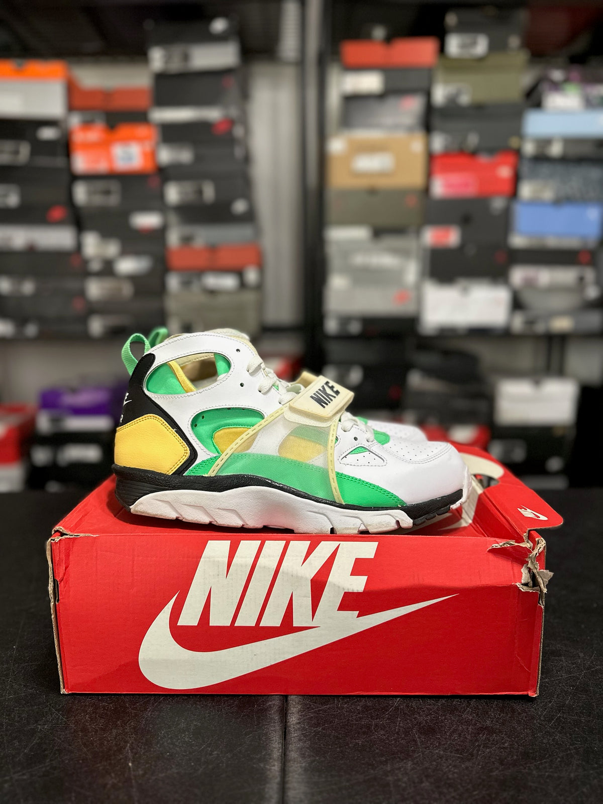 Size 13 - air trainer huarache white topaz gold electro green