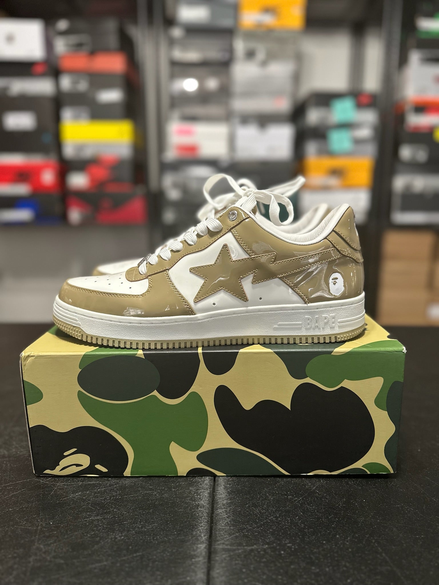 Size 13 - A Bathing Ape Bape Sta Patent Leather White Khaki