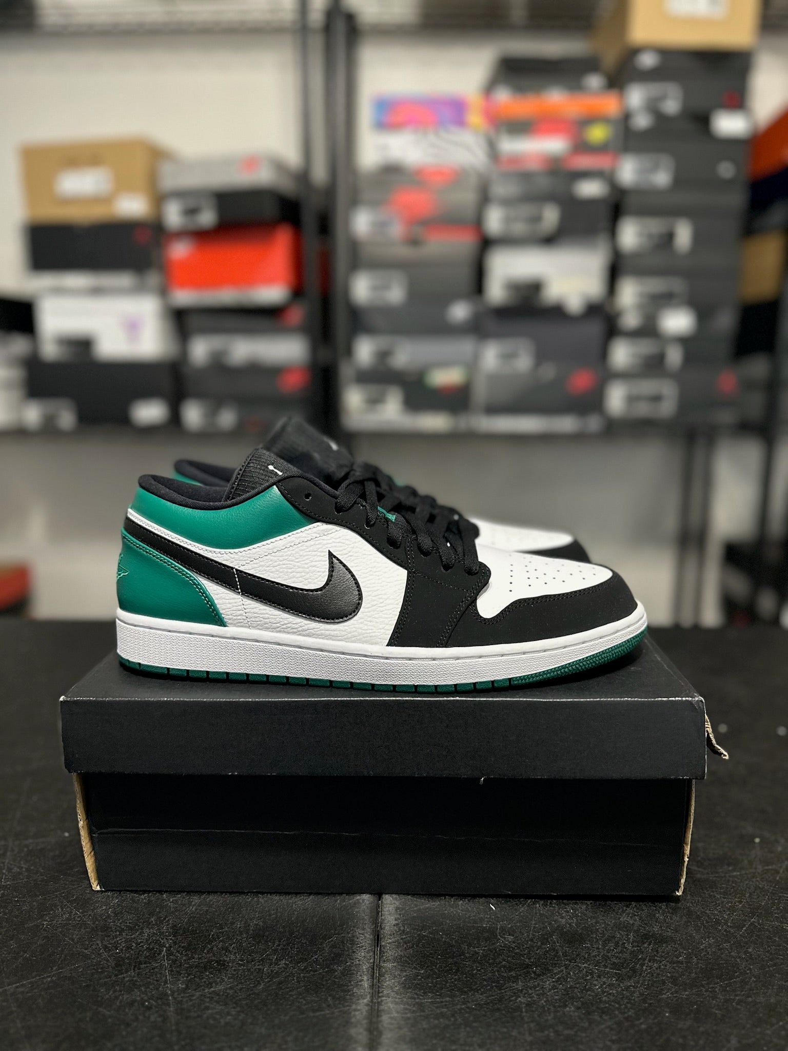 Size 13 - J1 Low White Black Mystic Green DS